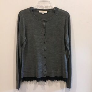LOFT Gray Button-Front Crewneck Cardigan with Black Lace Hem